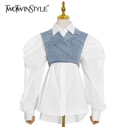 TWOTWINSTYLE Casual Vestito Coreano Per Le Donne Risvolto Del Manicotto di Soffio Della Camicia Denim Croce Della Maglia Elegante A Due Pezzi Set Femminile 2020 Autunno nuovo