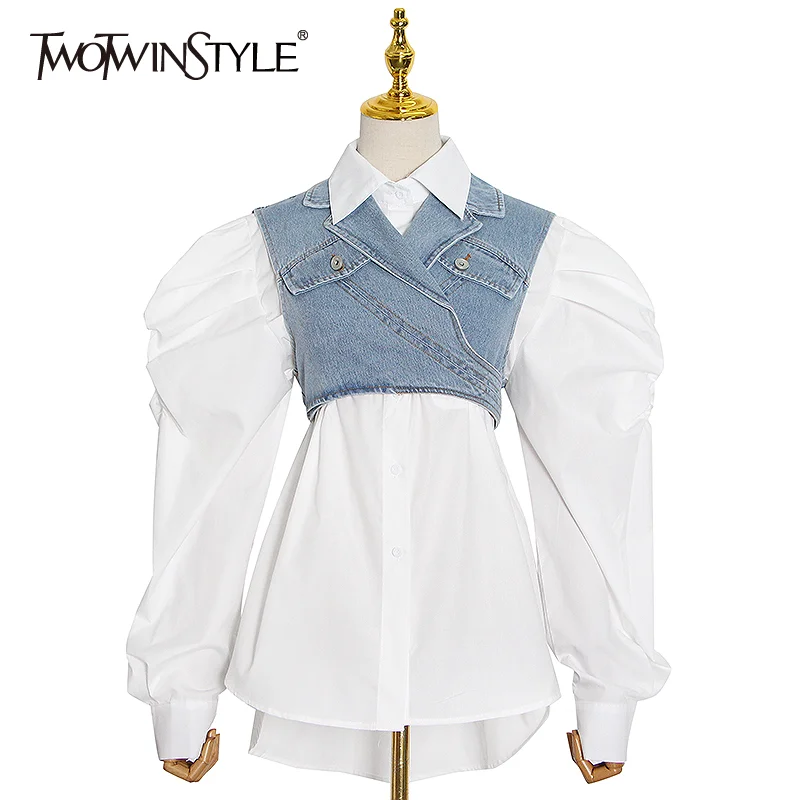 TWOTWINSTYLE Casual Korean Suit For Women Lapel Puff Sleeve Shirt Denim Cross Vest Elegant Two Piece Sets Female 2020 Fall New