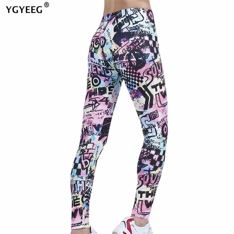 INDJXND High Waist Leggings Push Up Sport Women Fitness Running Pants Gym Girl Graffiti Letters Colored Pattern Elastic Bottom