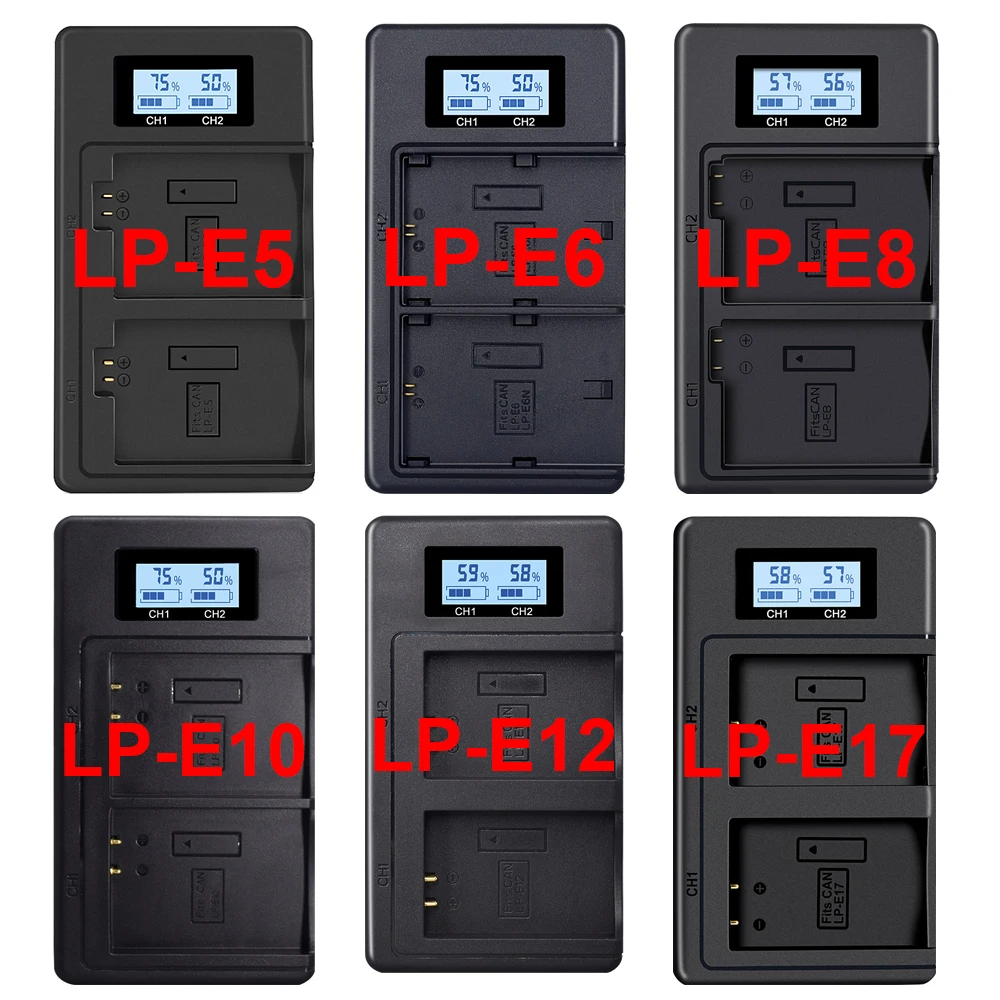LP-E17 LP-E12 LP-E10 LP-E8 E6 E5 NP-W126 NP-FW50 NP-FZ100 FV100 F970 EN-EL14 EL15 EN-EL20 EL25 LCD Dual Camera Battery Charger