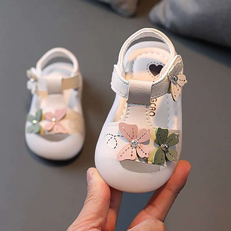 Summer Kids Infant Korean Princess Dress Shoes For Toddler Baby Girls Pink Beige Flats Flower Sandals 6M 8M 1 2 3 4 5 Years Old