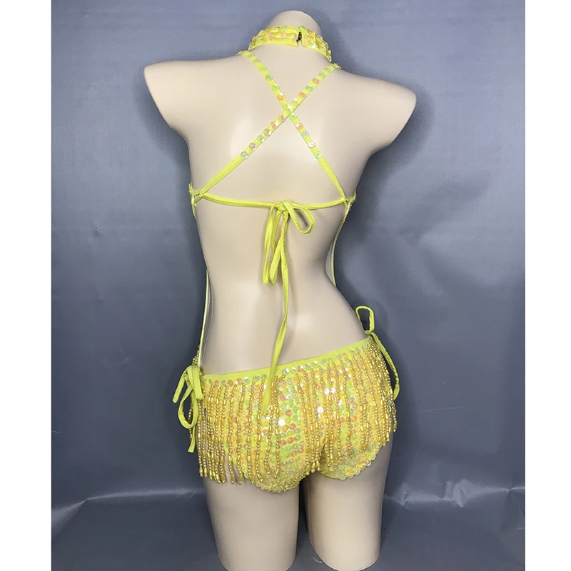 Flashing Yellow Sequins One-Piece Bodysuit Women\'s Singer Dance Sexy Evening Carnival Costumes Stage Dance Wear Nightclub Outfit