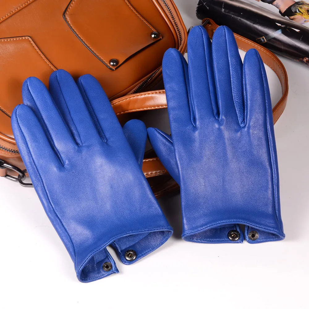 Guantes sin forro de cuero genuino para hombre, manoplas cortas para reparación de teléfonos móviles, conducción de automóviles, azul