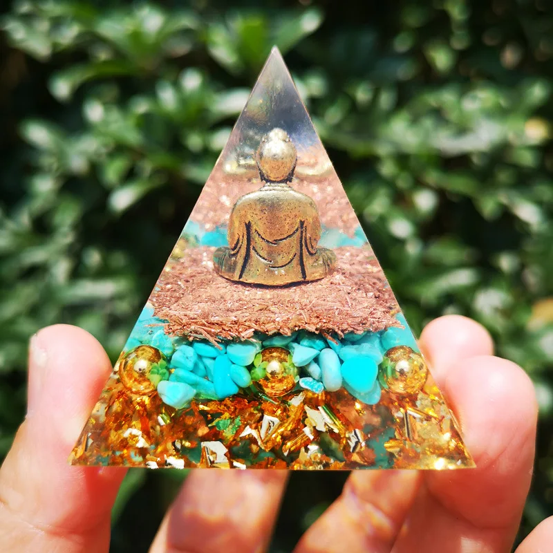 Buddha Statue Orgone Pyramid Healing Crystal Gold Wire Stone Figurine Energy Generator Meditation Reiki Balancing Resin Jewelry