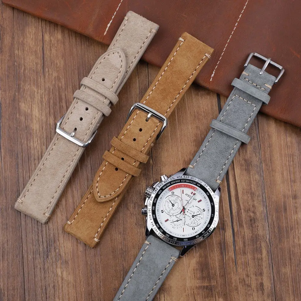 Vintage Suede Watch Strap 18mm 20mm 22mm 24mm Handmade Leather Watchband Replacement Tan Gray Beige Color for Men Women Watches