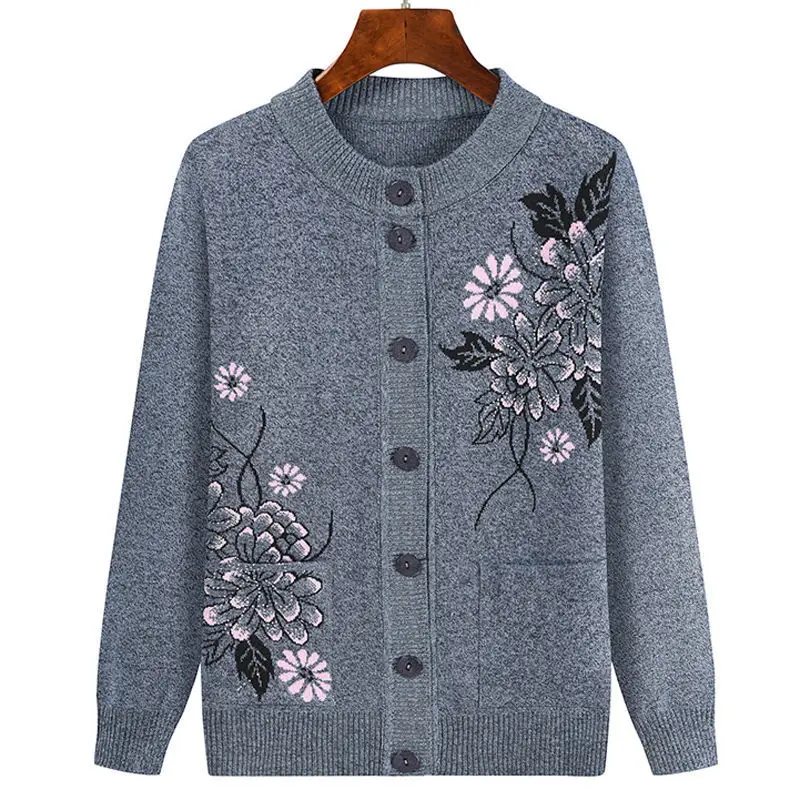 Grandma Embroidered Knit Cardigan Jacket Autumn Winter Loose O Neck Long Sleeve Pocket Sweater Coat Casual Female Outwear Tops