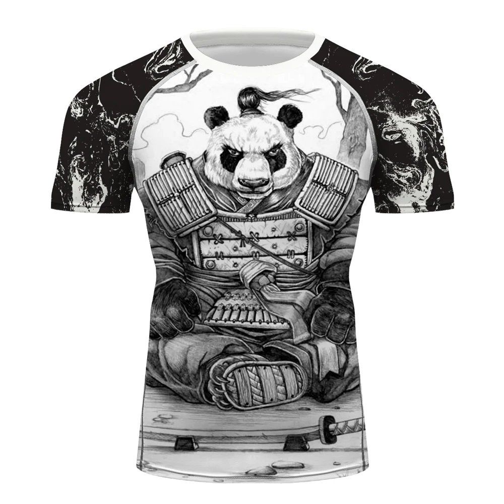 

Mens Samurai Panda Boxing Quick-Drying Short Sleeve Rash Guards Male Stretch Tops