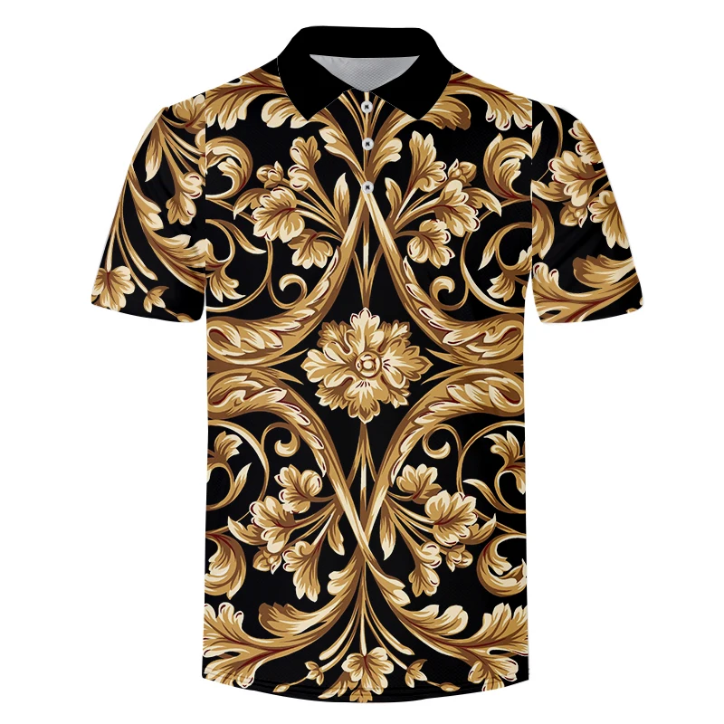 

Men Golden Flower Luxury Royal Baroque Nightclub Party POLO Shirt Summer 3D Print T-Shirt Homme Short Sleeve Men's Clothes Tops