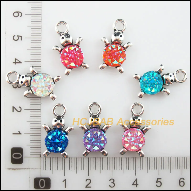 14 New Tortoise Charms Tibetan Silver Tone Retro Mixed Oval Resin Pendants 14x23mm