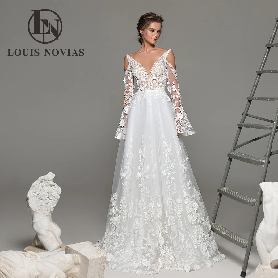 LOUIS NOVIAS Boho Wedding Dress A-Line Backless Illusion Lace Bridal Gown V-Neck Embroidery Flare Sleeve Vestidos De Novia