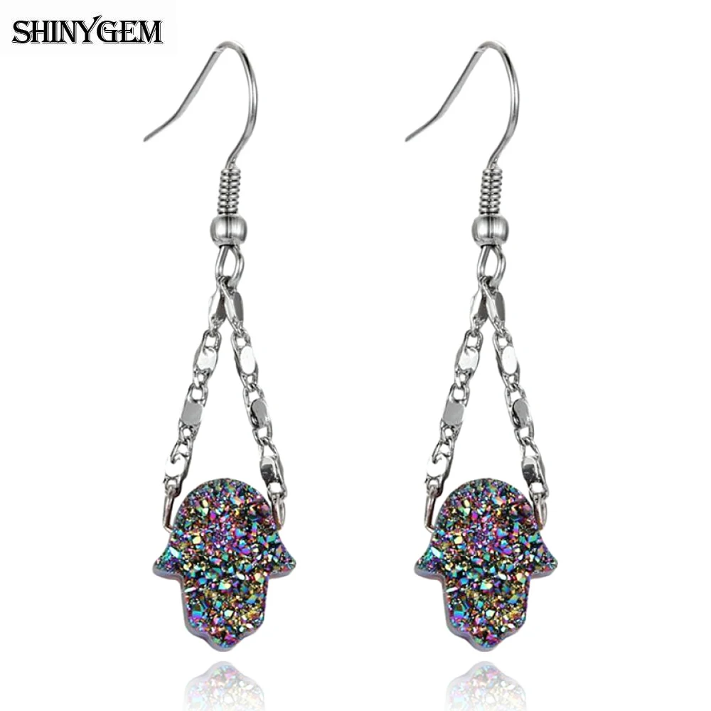 ShinyGem 2020 Fashion Design Hamsa Hand Dangle Earrings Rainbow Natural Crystal Stainless Steel Earrings For Women Jewelry