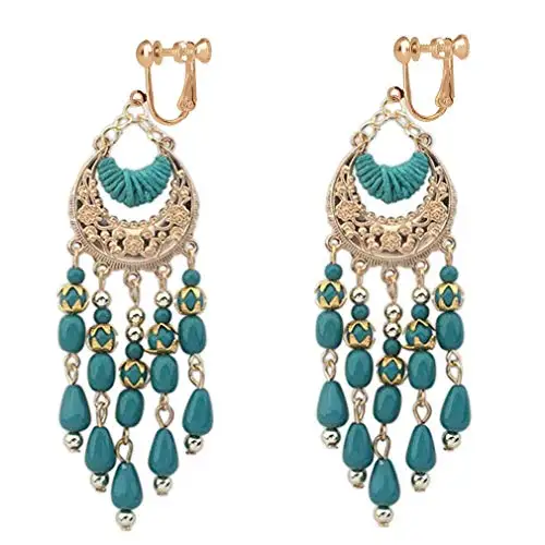 GRACE JUN Handmade Fashion Tassel Clip on Earrings Women\'s Statement Bohemian Ethic Bead Gold Color No Pierced Vintage Ear Clip