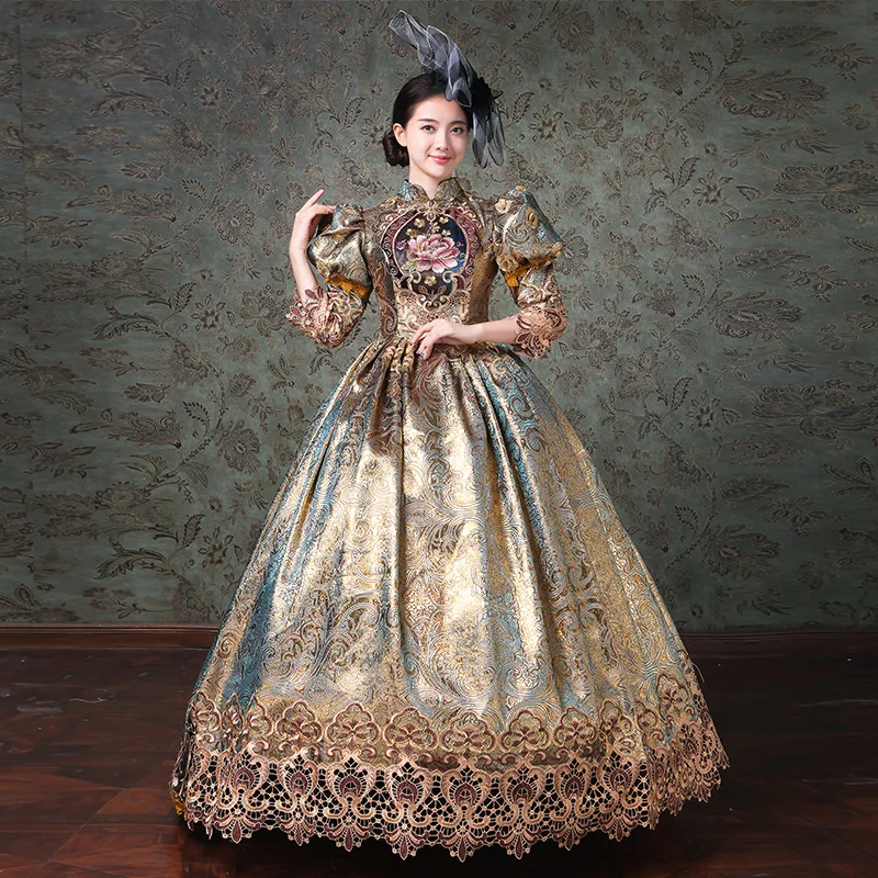 S-2XL Royal Champagne Marie Antoinette Women Long Dress Medieval Masquerade Dresses Ball Gowns Theater Costumes With Hat