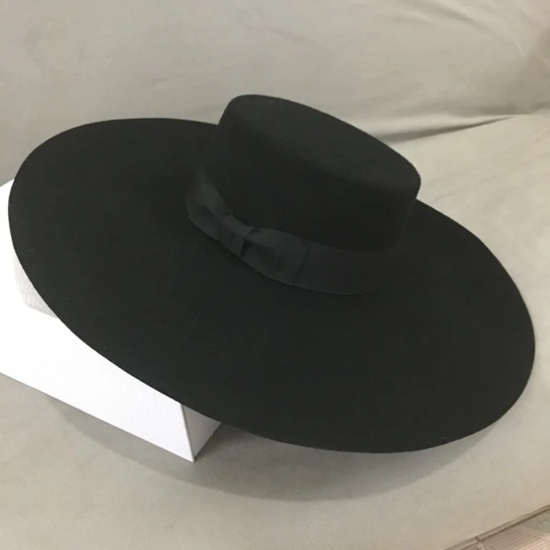 Sombrero Fedora de lana de ala ancha para mujer, sombrero de fieltro negro con lazo plano flexible, estilo Retro, grande y cálido, sombrero de