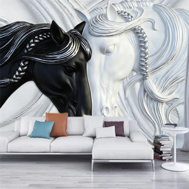 

wellyu Custom large mural green 3d wallpaper fashion black and white double horse relief living room TV background wallpaper