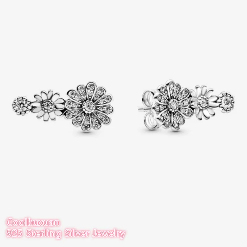 

100% 925 Sterling Silver Sparkling Daisy Flower Trio Stud Earrings white CZ Original European Style Brand woman Jewelry