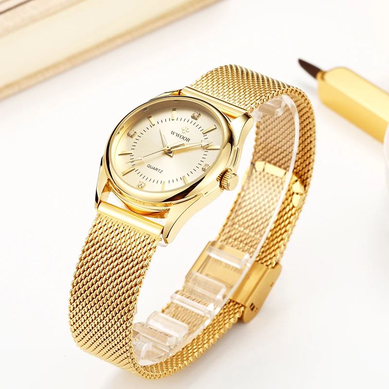 WWOOR-Reloj de pulsera con movimiento de cuarzo japonés para mujer, accesorio de lujo, vestido dorado, resistente al agua, femenino