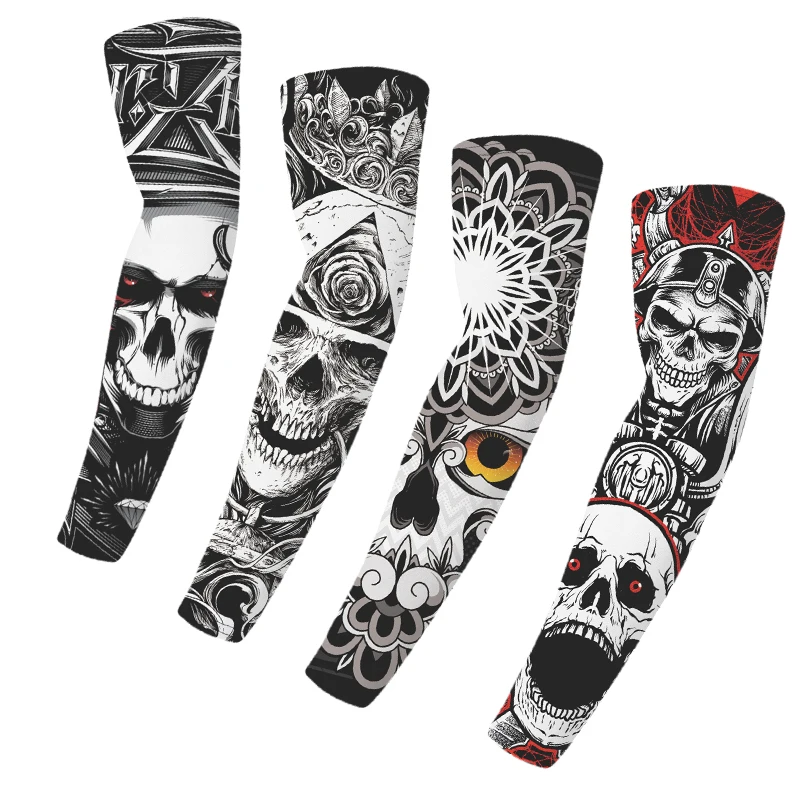 1pair 3D Skull Tattoo Printed Outdoor Cycling Sleeves Breathable Quick Dry UV Protection Running Arm Sleeves Sports Arm Warmers