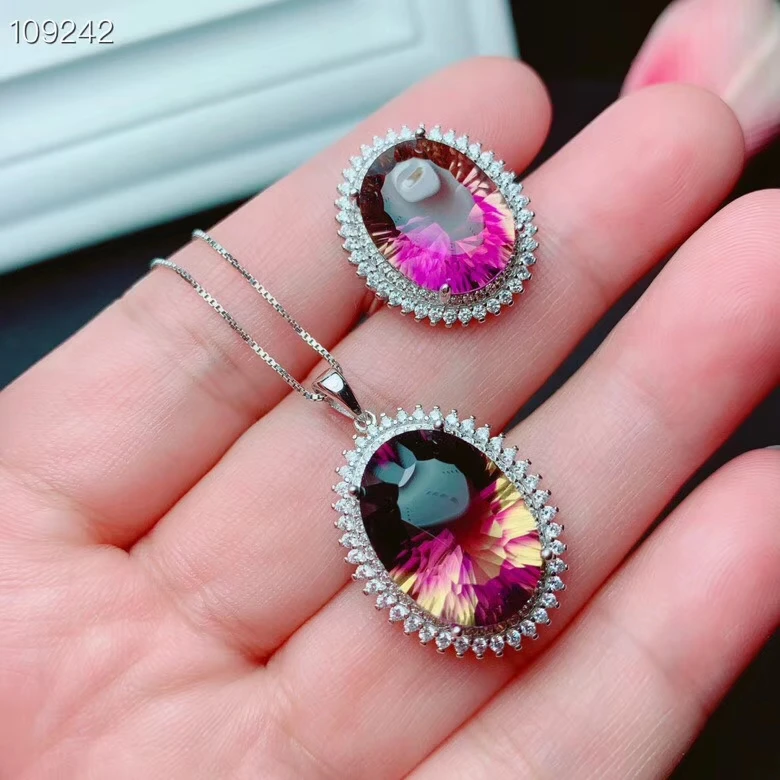 

Natural Ametrine Ring and necklace jewelry set for women fine jewelry 925 sterling silver purple yellow color natural gem gift