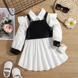 Flying Sleeve Corduroy Girls Dress Faux Leather Vest Patchwork Kids Clothes Girls Clothing Princess Dress Outfits Shirts Dresses