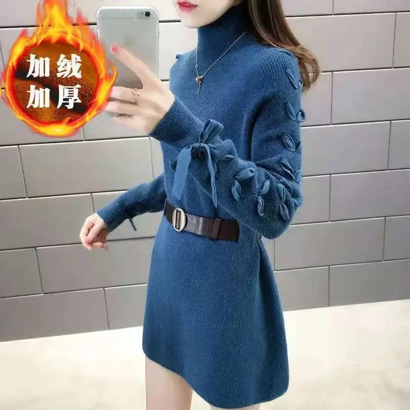 

Women Mid-length Sweaters 2021 Female Spring Autumn Loose Foreign-style Knitted Dresses Plus Velvet Sweater Bottoming Shirt A807