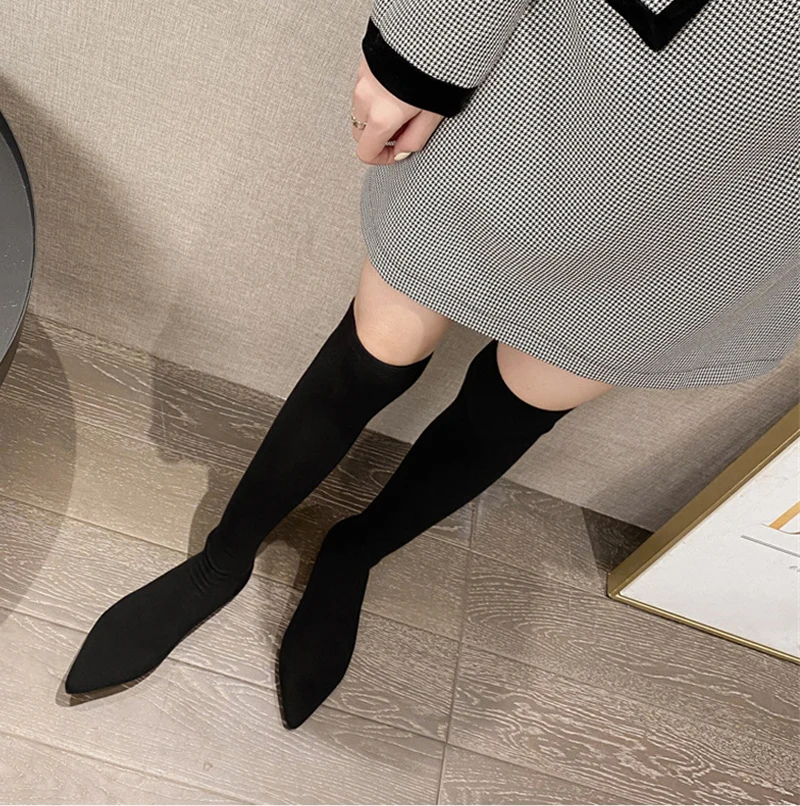 Size 34-40 Fashion Slim Leg Thigh High Sock Boots Women Black Stretch Fabric Pointed Toe Flat Heels Over The Knee Slip On Shoes