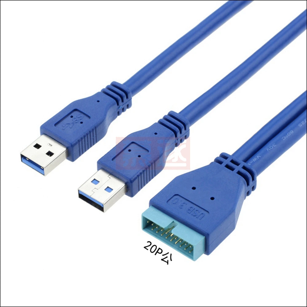 Azul 2 puertos USB 3.0 tipo A macho a conector macho de 20 pines Cable adaptador 0,3 M