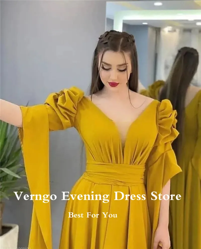 Verngo Saudi Arabic Women Chiffon Long Prom Dresses V Neck Puff Long Sleeves Floor Length Evening Gown Plus Size Formal Dress