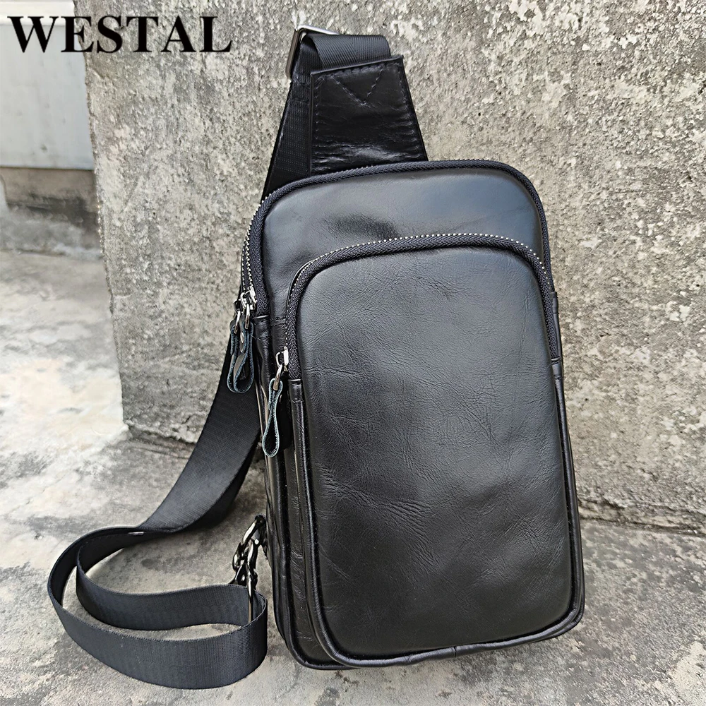 WESTAL 100% skóra bydlęca oryginalna skórzana torba typu Sling mężczyźni Messenger torby dla mężczyzn czarna torba na klatkę piersiową na telefon Casual sportowa torba na ramię