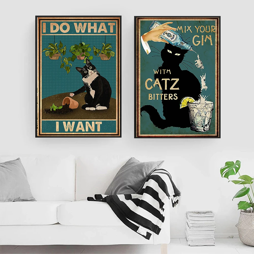 Mental Black Cat Poster I Do What I Want Quote Art Print Vintage Mix  Your Gin Funny Bathroom Garden Canvas Painting Home Decor