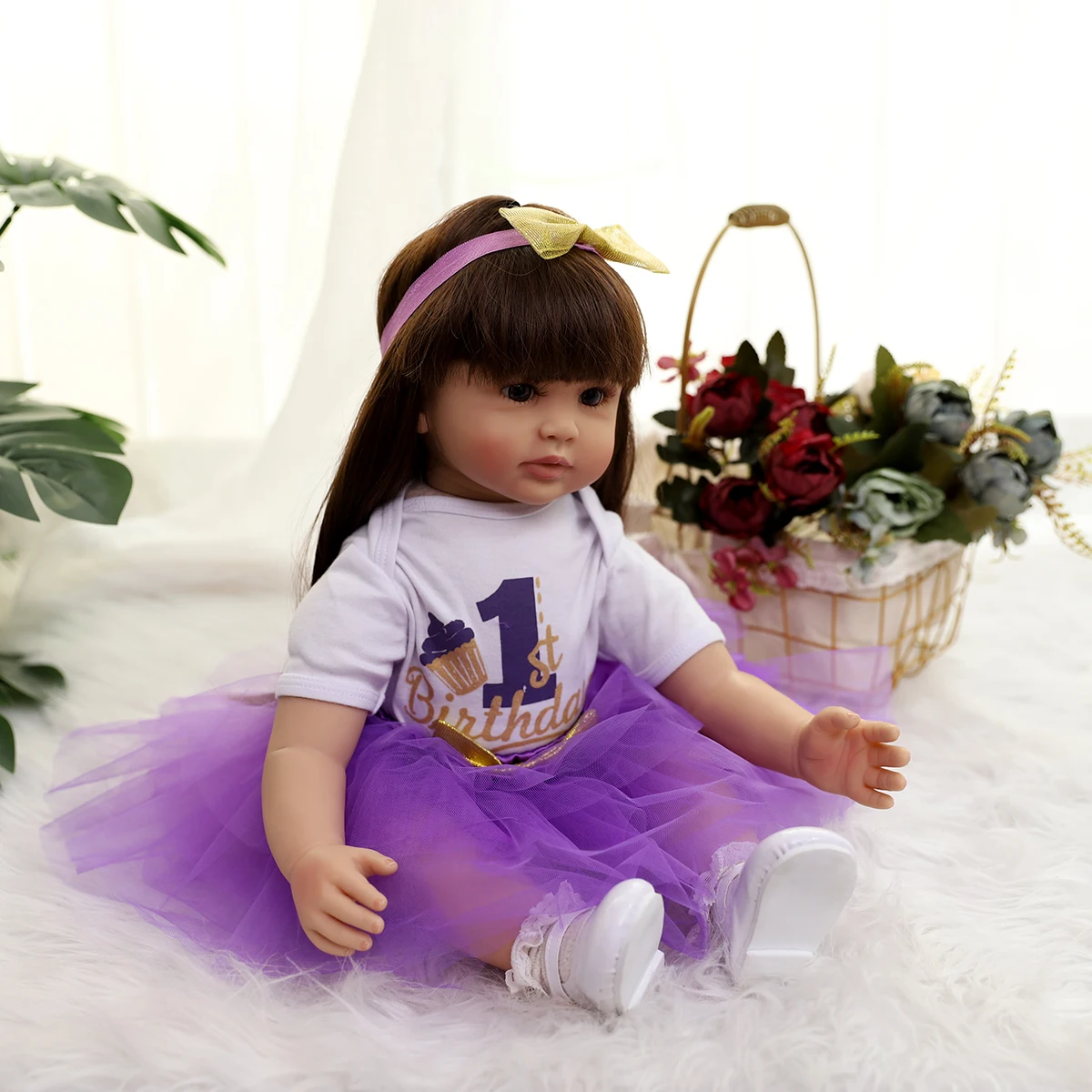 Large 60 Cm Reborn Doll Girl Toy Simulation Silicone Purple Veil Skirt Body Filled PP Cotton Romantic Holiday Birthday Gift