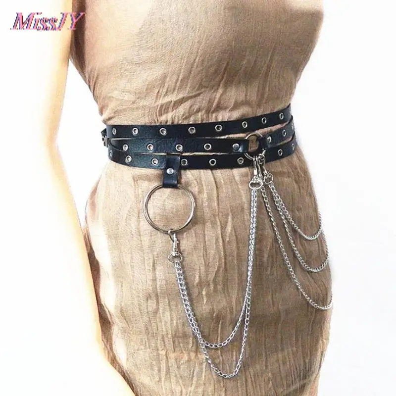 1Pc Unisex Female Leather Skirt Belts Punk Gothic Rock Harness Waist Metal Chain Body Bondage Hollow Belt Accessories For Lady