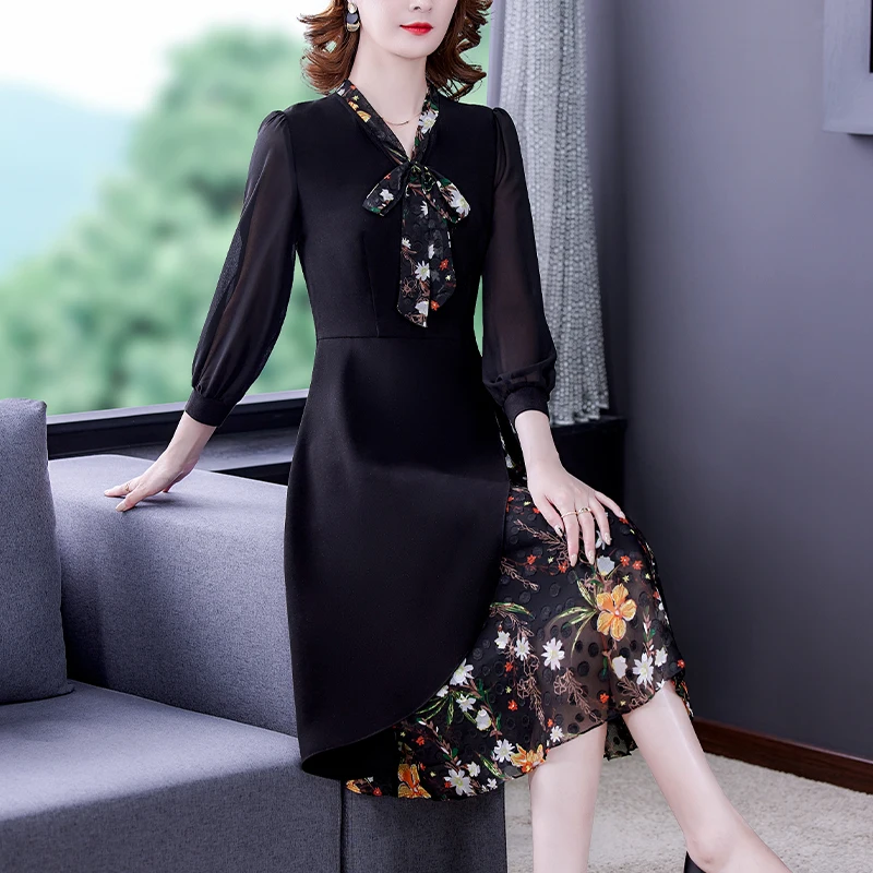 Spring Autumn Korean Vintage Office Lady Dresses 2024 Women Back Hepburn Casual Floral Midi Dress Elegant Bodycon Party Vestidos