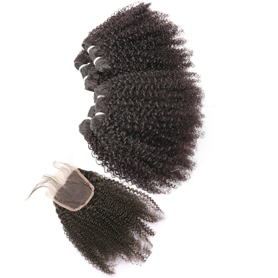 Afro kinky encaracolado feixes de cabelo humano 50 g/pc peruano remy cabelo 3/4 pacotes com 4x4 fechamento do laço extensões de cabelo encaracolado curto