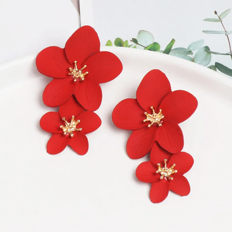 Korean Big Double Flower Drop Earrings for Woman Summer Beach Party Metal Statement Ear Boho Fashion Jewelry Girl Gift