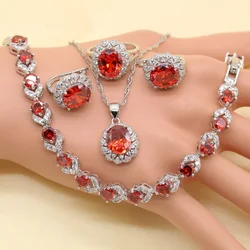 925 Sterling Silver Wedding Jewelry Sets For Women Red Stones Cubic Zirconia Bracelet Earrings Necklace Pendant Ring