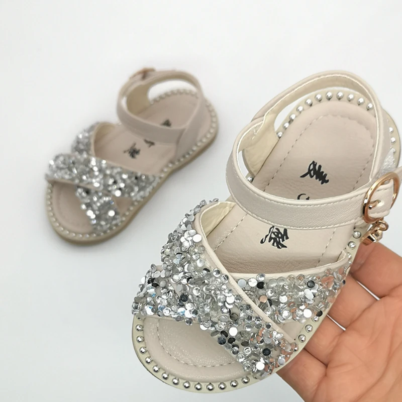 11.5-15.5cm Baby Bling Shoes Girl Baby Sandals Infant Beige Sequin Rhinestone Summer Sandals Kid Girls Princess Party Dress Shoe