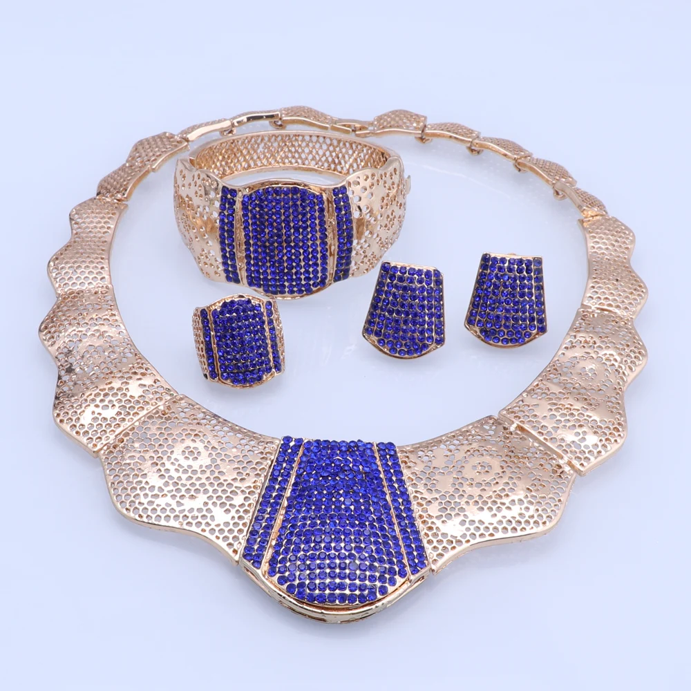 Fashion Dubai Gold Color Wedding Jewelry Sets Blue Crystal Choker Necklace Earrings Bracelet Ring Bridal Jewelry Set