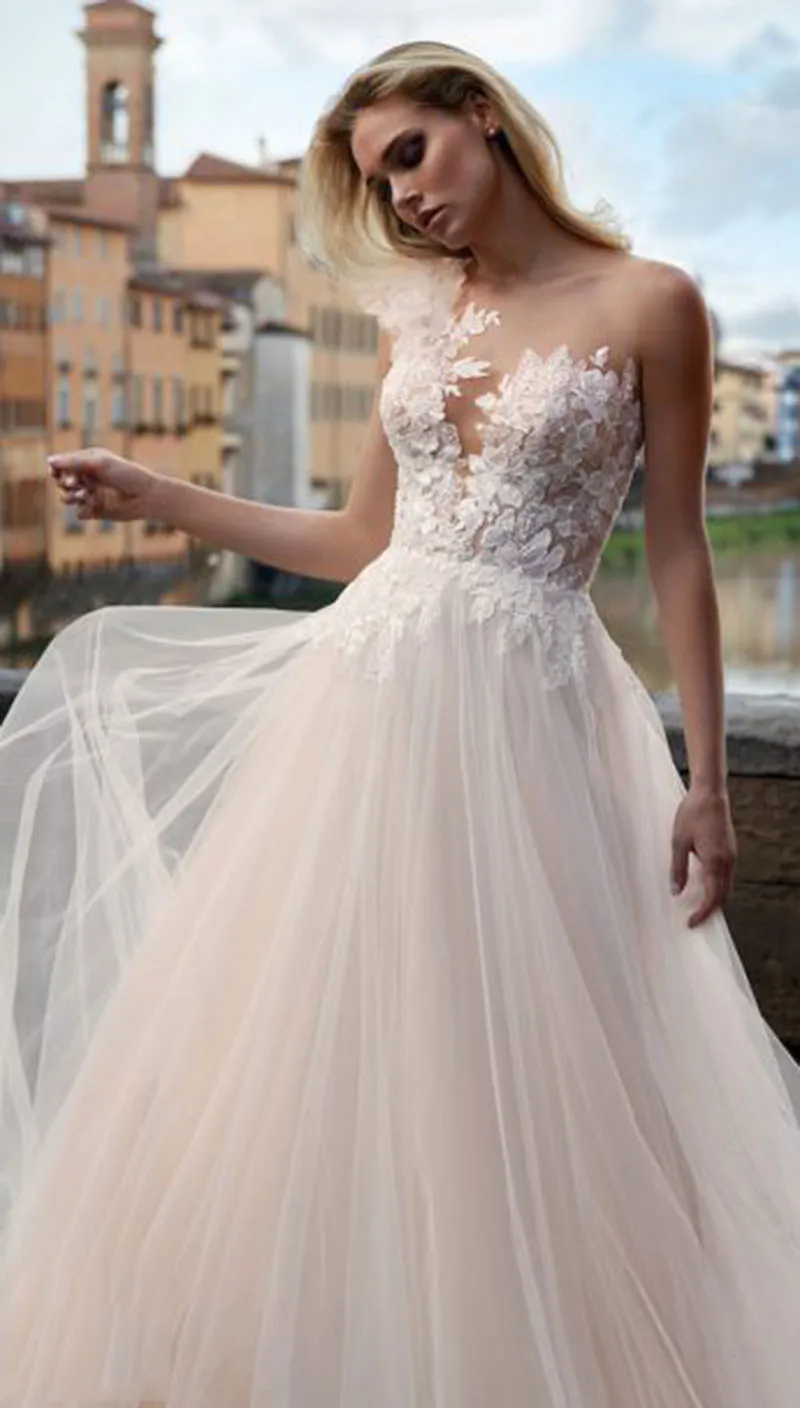 Sodigne Bohemian Prinses Trouwjurk Een Schouder Kant Applicaties Roze Tulle Bridal Dress Plus Size Trouwjurk