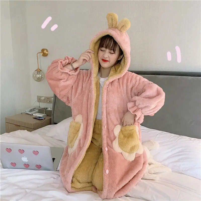 Robes Women Winter Color Home All-match Coral Fleece Ladies Kawaii Soft Warm New Full Sleeve Fashionable Mid-calf Ulzzang Floral