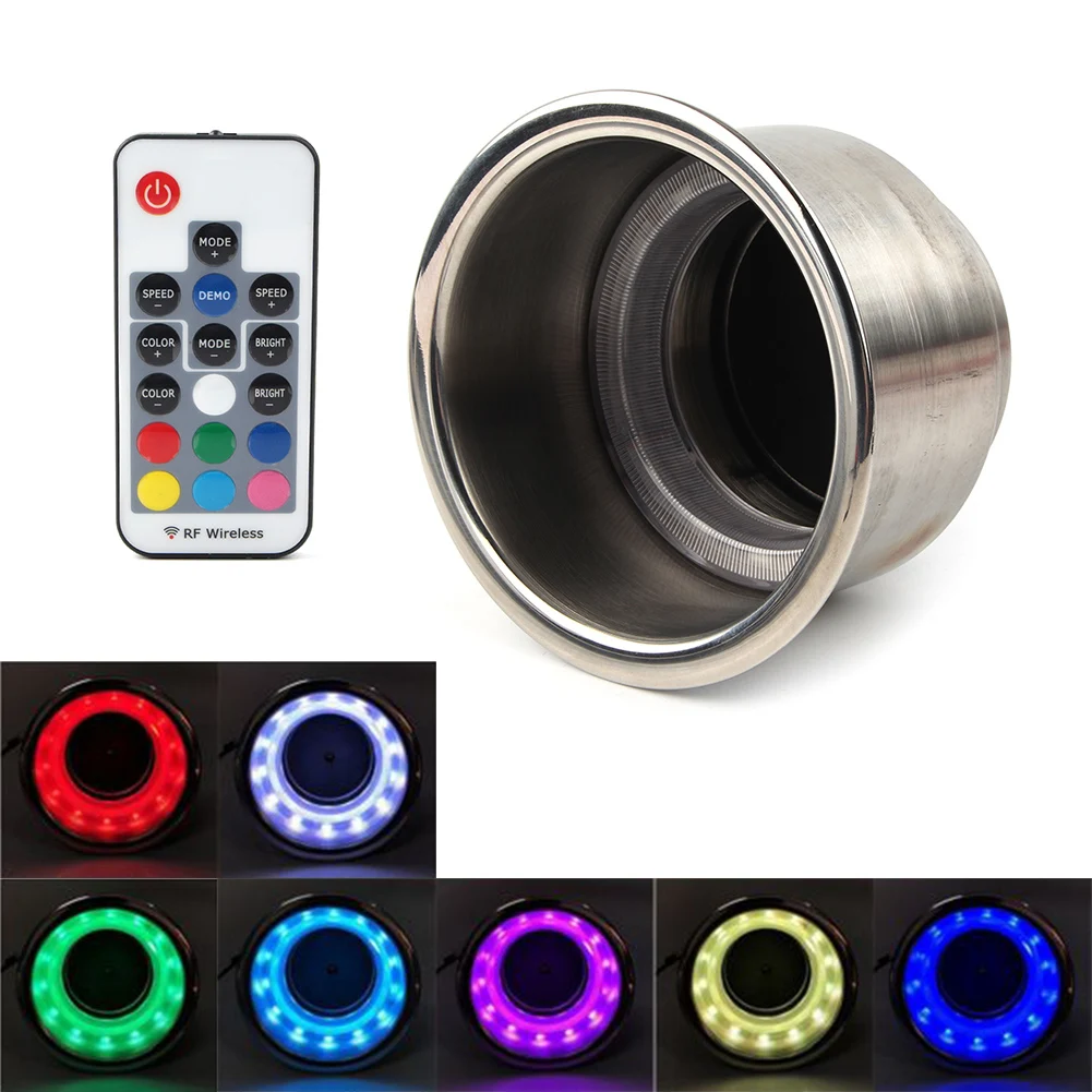 Stainless Steel DC 12V Colorful LED RGB Drink Cup Holder with Remote Control For Marine RV Truck Cars