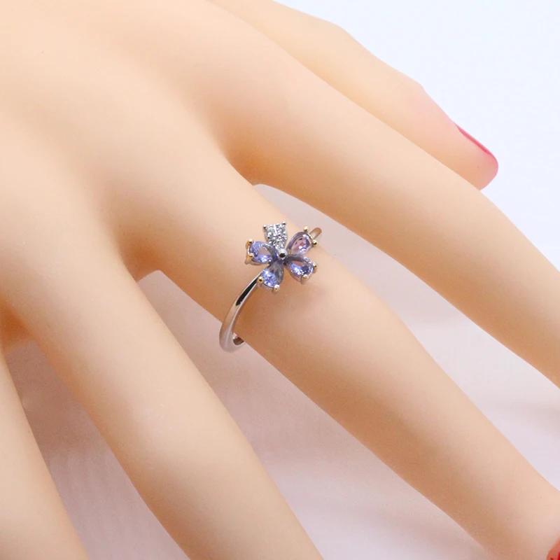 Fashion Silver Flower Ring with Gemstone 3mm*4mm 100% Natural Tanznaite Ring 925 Sterling Silver Tanznaite Jewelry