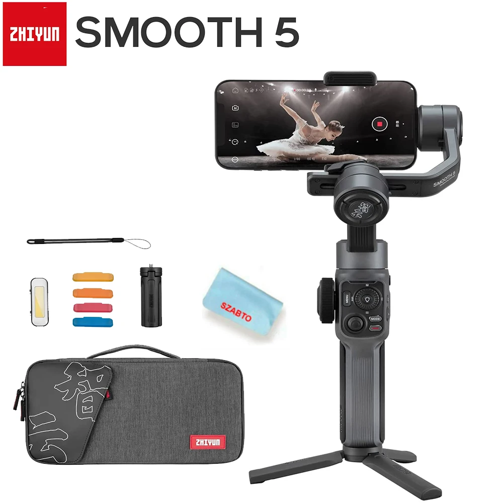 

Zhiyun Smooth 5 Combo Gimbal Stabilizer, 3-Axis Handheld Smartphone Gimbal with Grip Tripod Vlog LED Fill Light for iPhone Andro