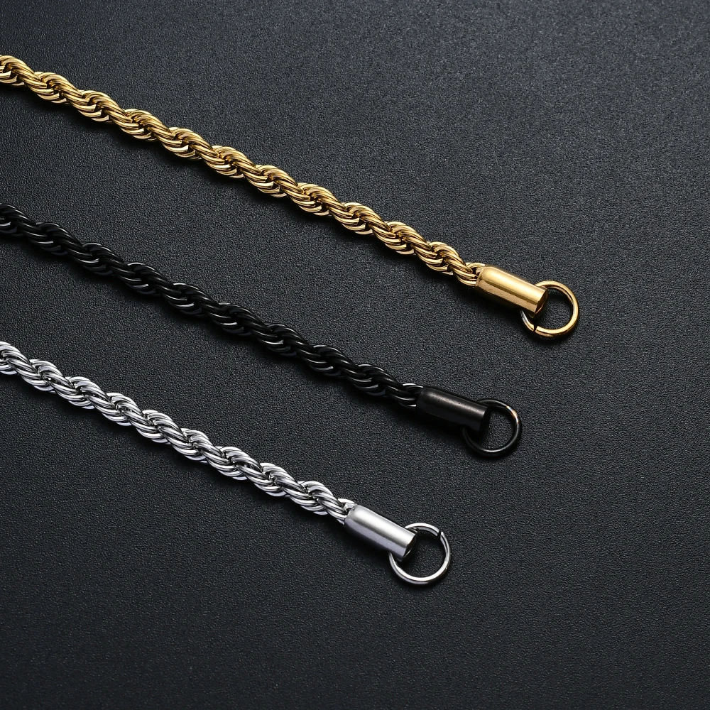 316L Stainless Steel Gold Black Color Twist Chain Bracelet Fashion Jewelry For Men and Women 4MM Link Bracelet