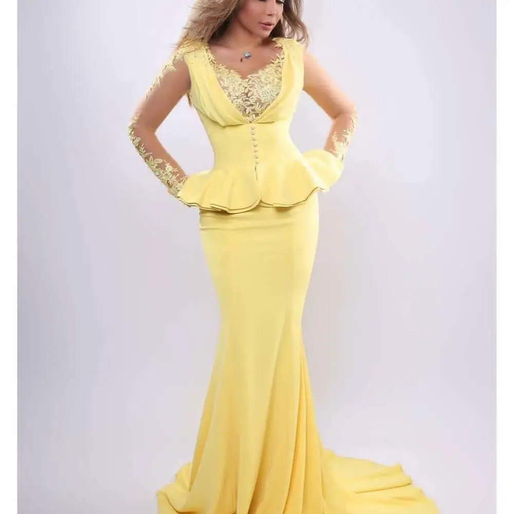 Vestidos de Fiesta de manga larga para mujer, traje Sexy de encaje africano, color amarillo, personalizado, con sirena, para chicas negras