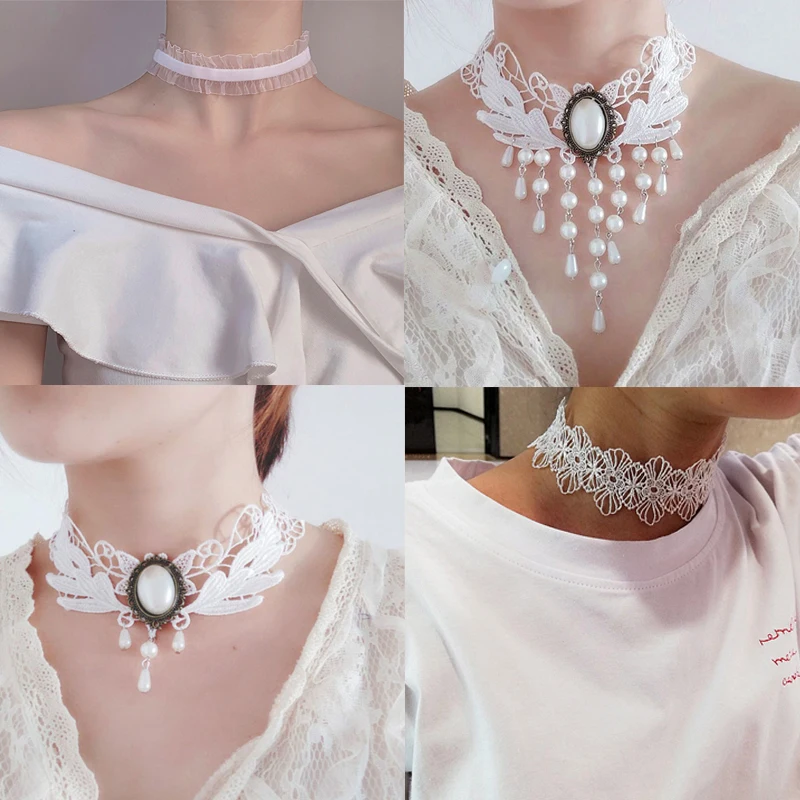 Gothic Classic Charm Fashion White Collar Women Lace Collar Party Handmade Velvet Lace Vintage Choker Necklace For Women Collar