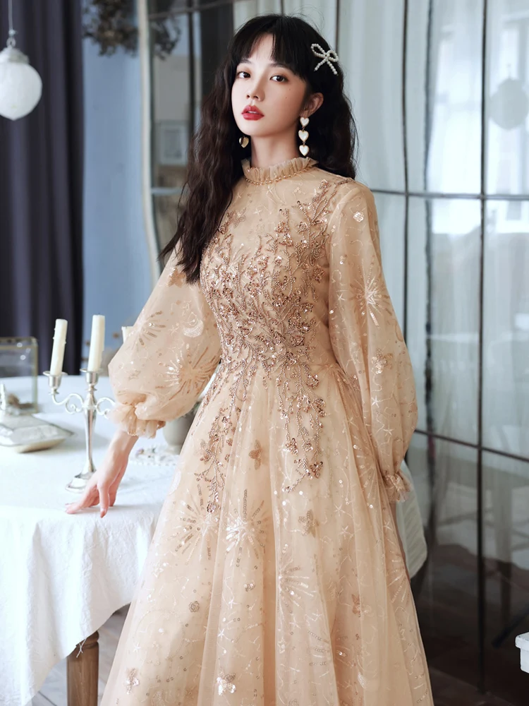 Modest Evening Dresses With Long Sleeves Luxury Appliquies Sequin Tulle Women Dresses Evening 2021