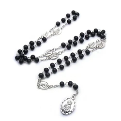 QIGO Seven Icon Black Wooden Beads Stand Rosary Necklace Religious Pray Jewelry Gifts For Men Women