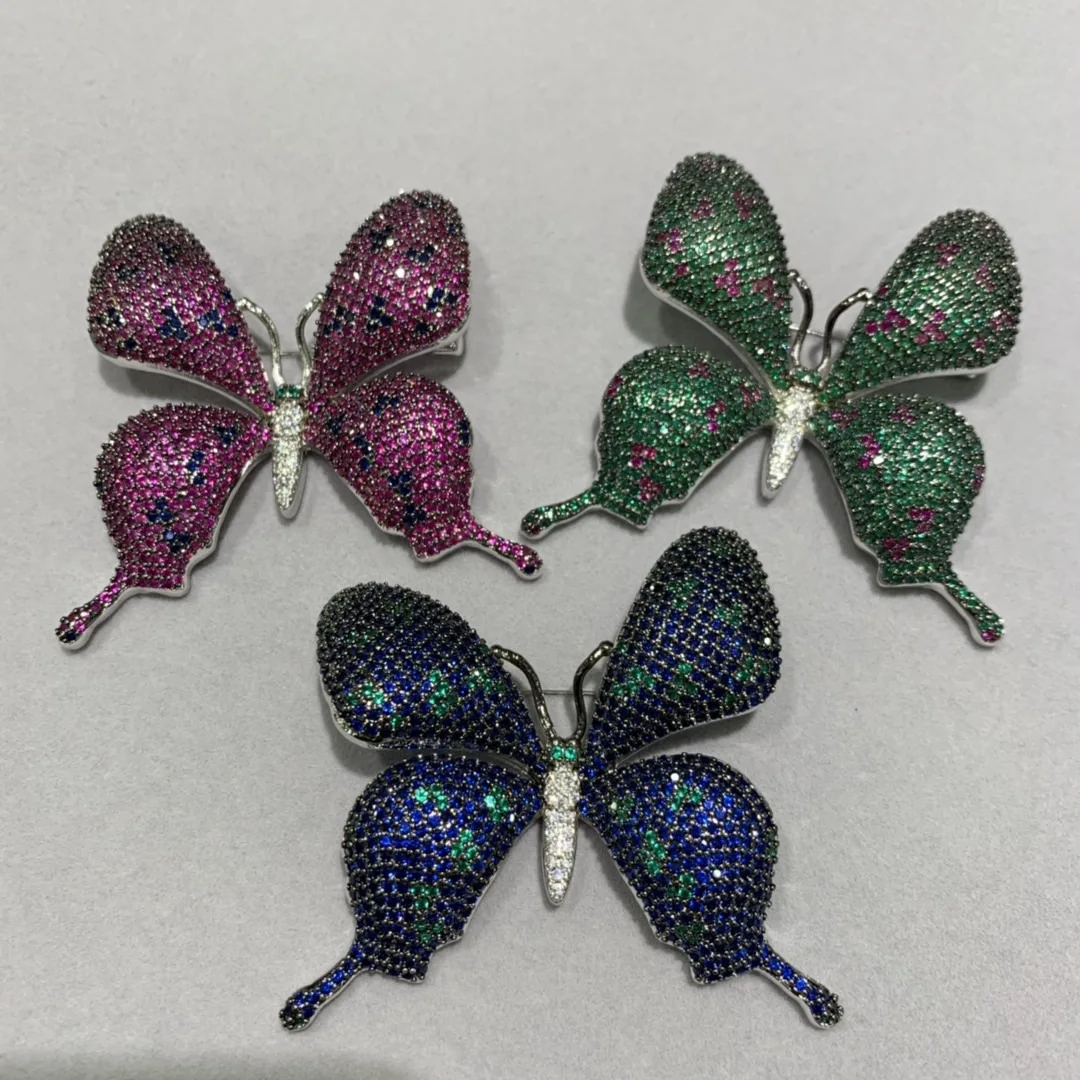 big butterfly brooch pins blue green rose red color copper with cubic zircon fashion women jewelry free shipping large insect