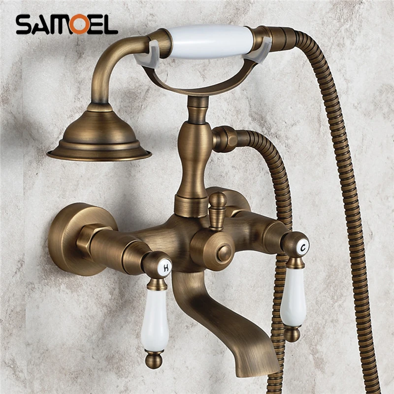 Classic European Antique Brass Bathroom Bathtub Faucet Set Wall Mount Copper Shower Mixer Tap with Ceramic Handles SF1062